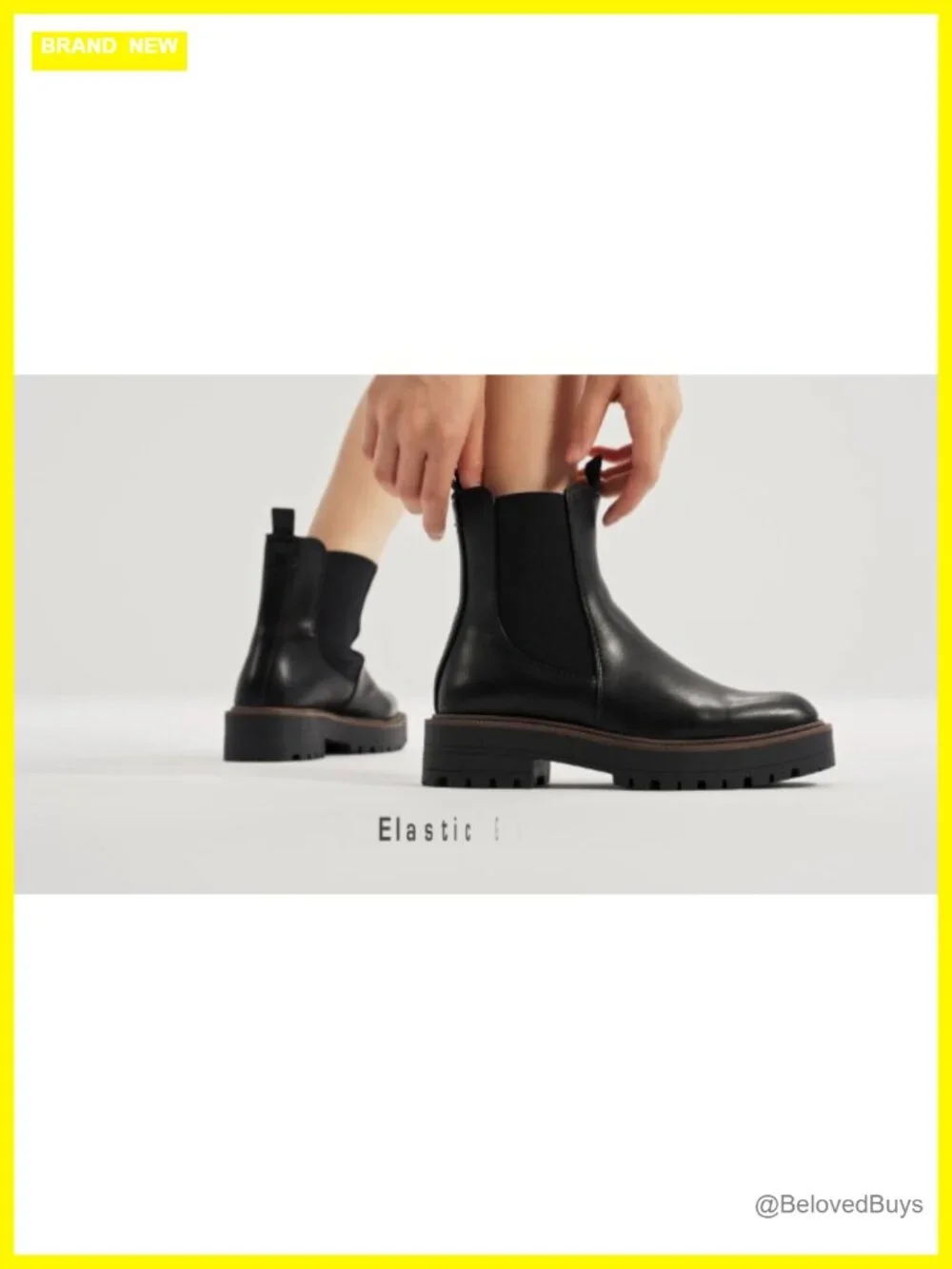 Faux Leather Chelsea Ankle Boots Square Toe Low Heel Lug Sole Platform